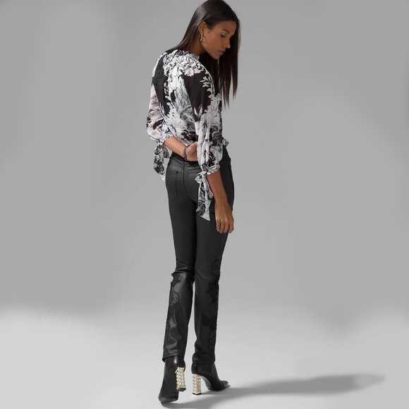 WHBM NWT $150 High-Rise Coated Denim & Lace Slim Jeans Black - Picture 5 of 9